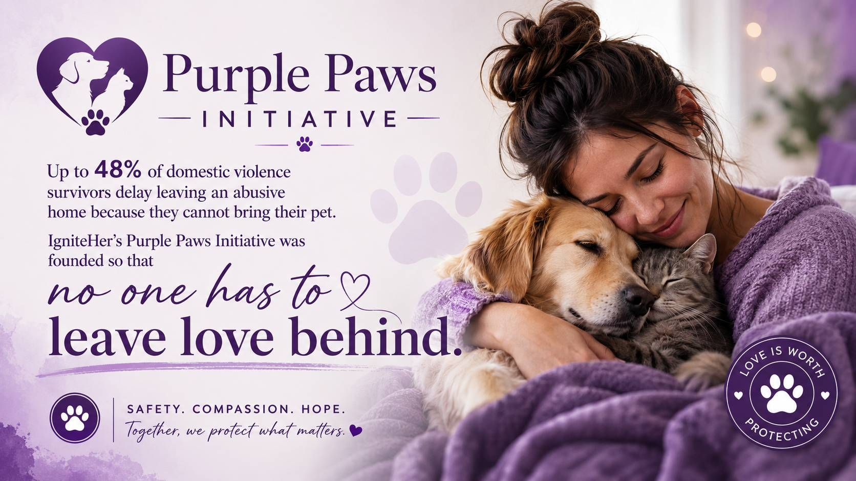 Purple Paws Initiative - woman hugging her golden retriever and cat