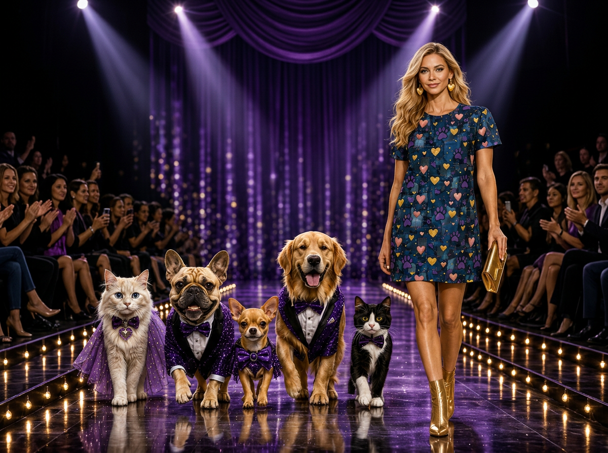 Runway scene in violet and gold lighting
